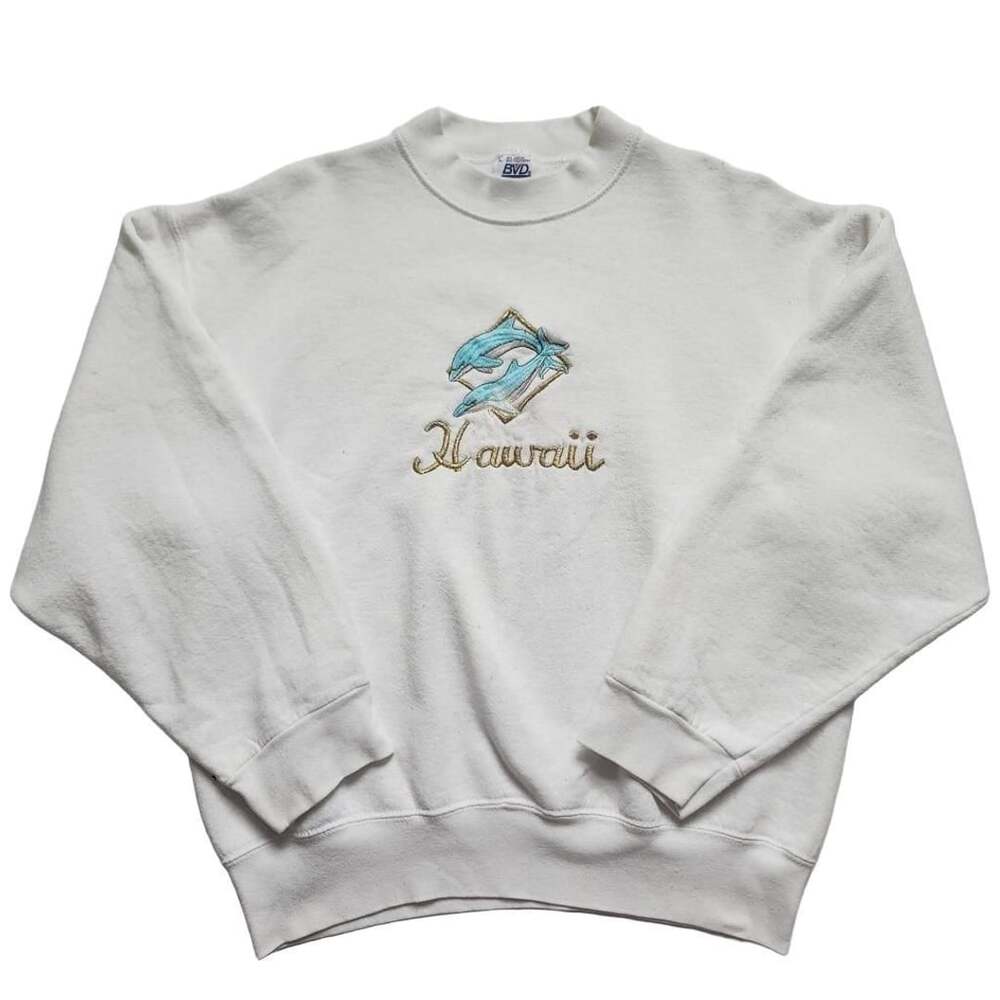 Vintage 90s BVD Hawaii Dolphin Embroidered White Crewneck Sweatshirt Large Made